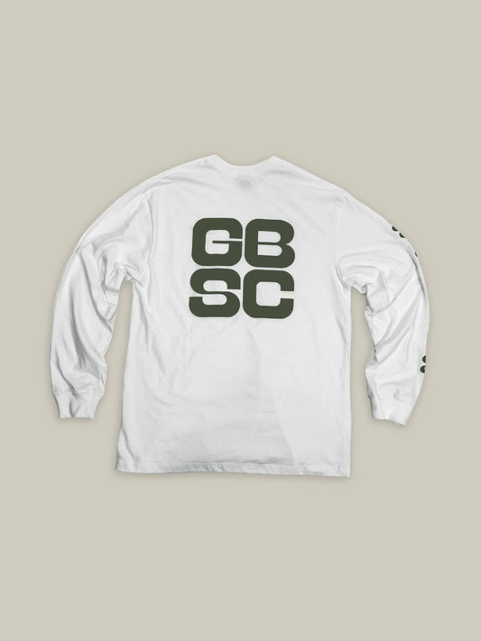 Full back view of the GBSC graphic on the white Roller Wave long sleeve shirt
