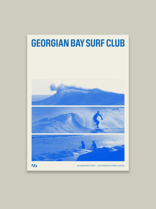 Georgian Bay Surf Club's stacked grainy image print poster graphic in cobalt blue with beige background